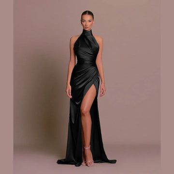 Abito da sera da donna – Scollo halter – Tessuto setoso – Corpino aderente – Spacco alto – Vestito elegante