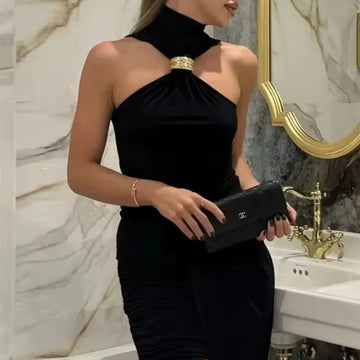 Canotta da donna – Maglia morbida – Vestibilità slim con scollo halter – Dettaglio anello metallico – Tessuto traspirante