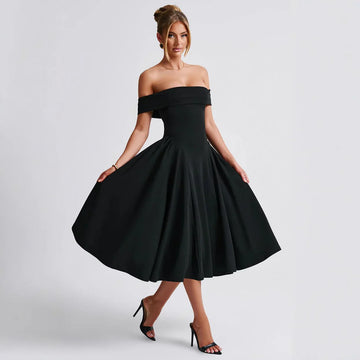 Abito midi da donna – con spalle scoperte – linea ad A, svasato – silhouette elegante e formale