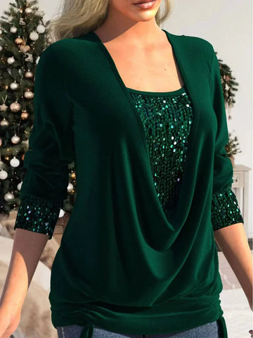 Top a maniche lunghe da donna – Collo morbido a strati – Dettagli con paillettes – Design leggero e drappeggiato