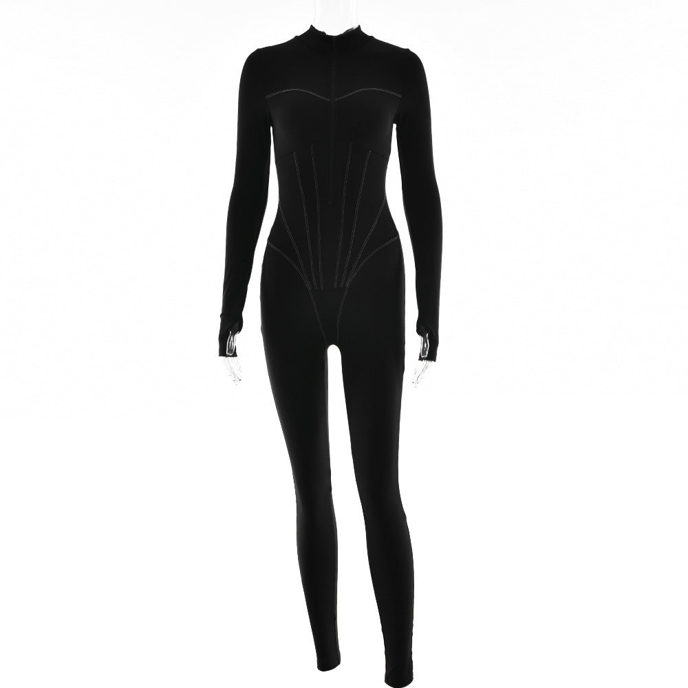 Tuta aderente da donna con maniche lunghe e zip