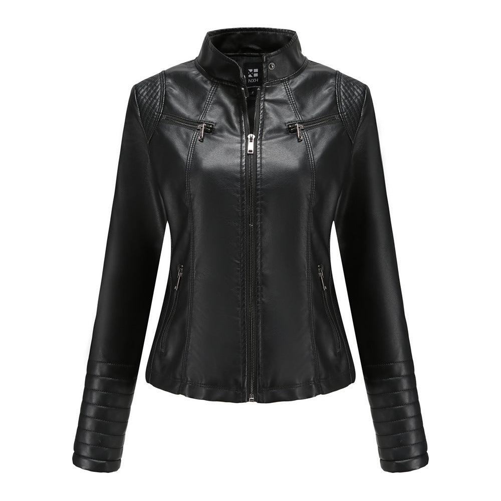 Giacca corta da donna in pelle sottile, stile motociclista chic
