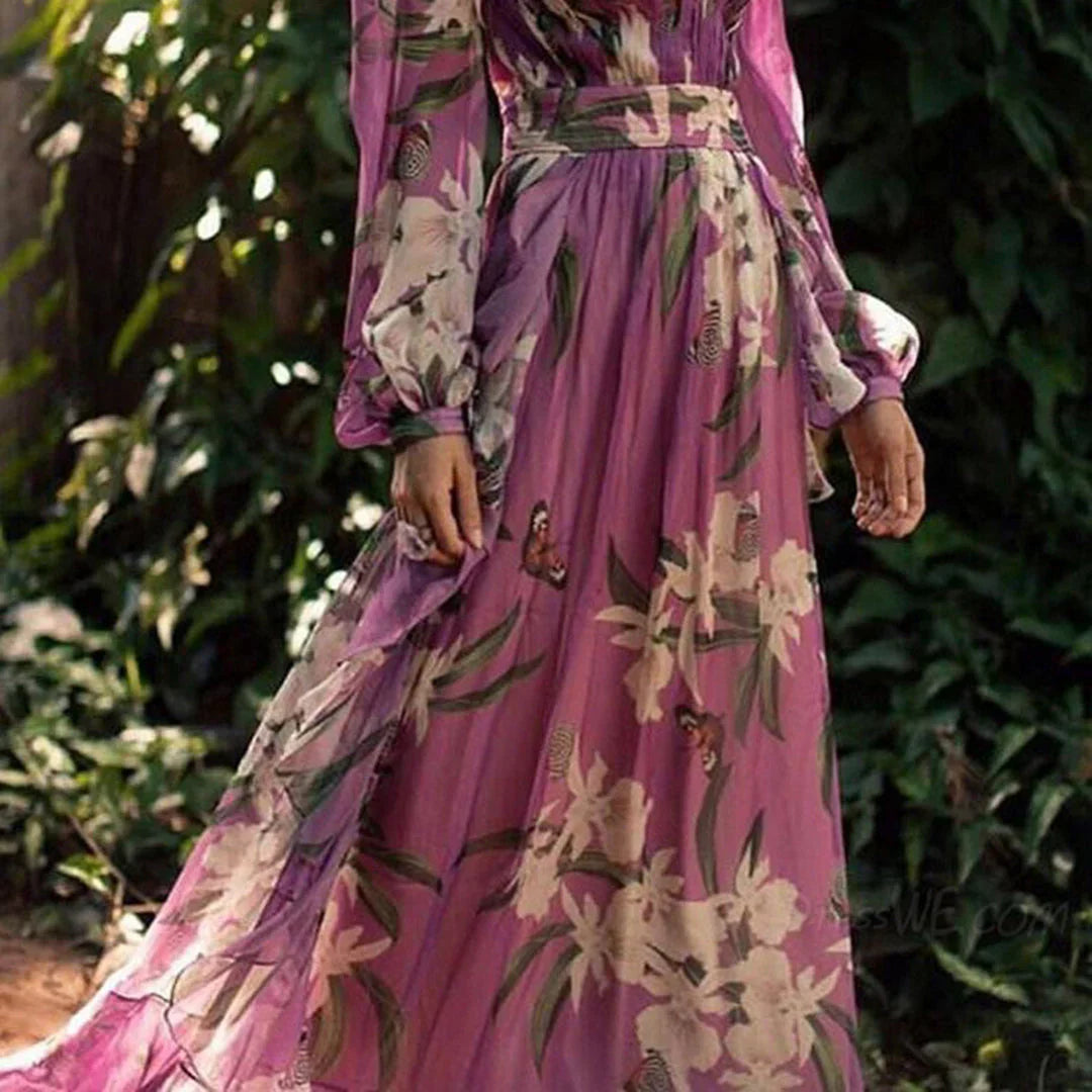 Abito lungo da donna – Stampa floreale – Scollo a V profondo – Maniche lunghe – Elegante e fluido