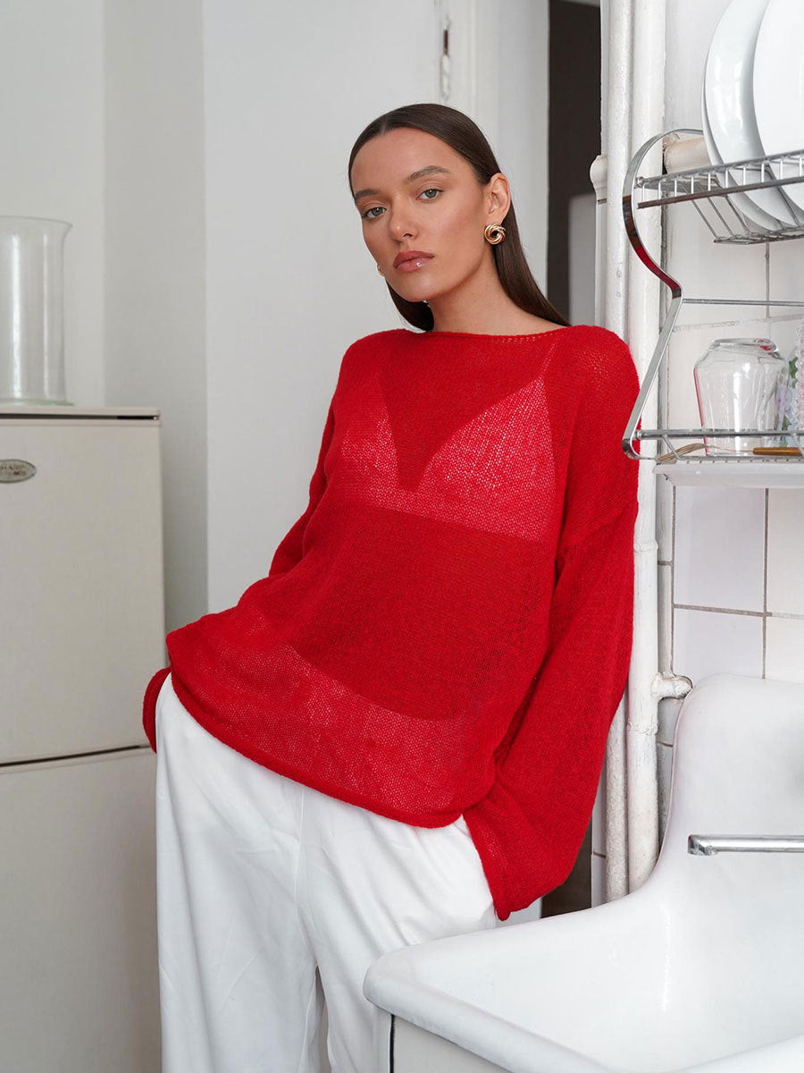 Maglione traforato da donna, leggero con maniche a campana e scollo a U
