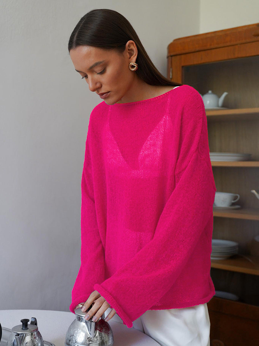 Maglione traforato da donna, leggero con maniche a campana e scollo a U