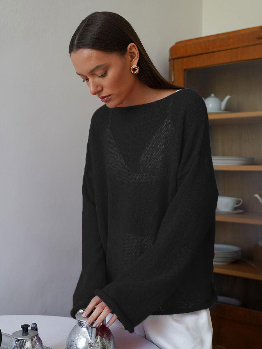Maglione traforato da donna, leggero con maniche a campana e scollo a U