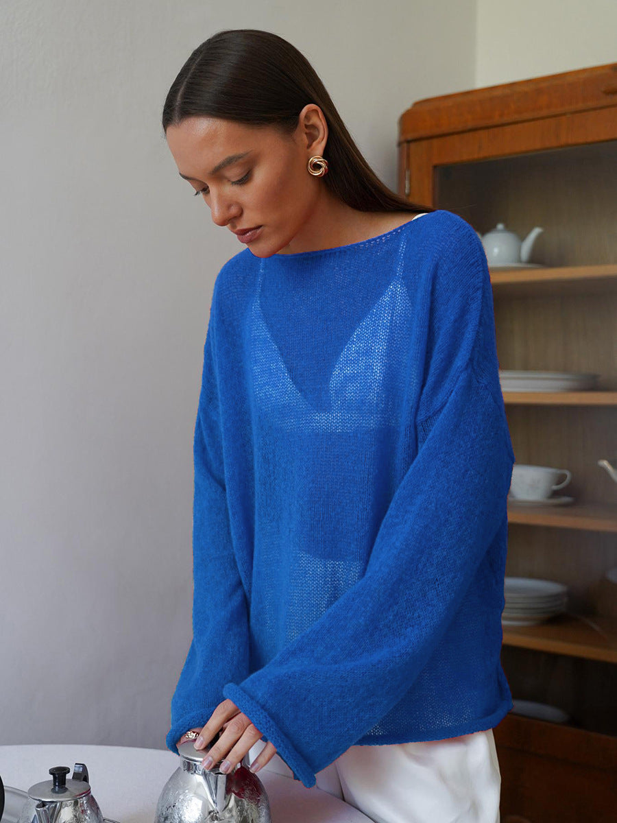 Maglione traforato da donna, leggero con maniche a campana e scollo a U