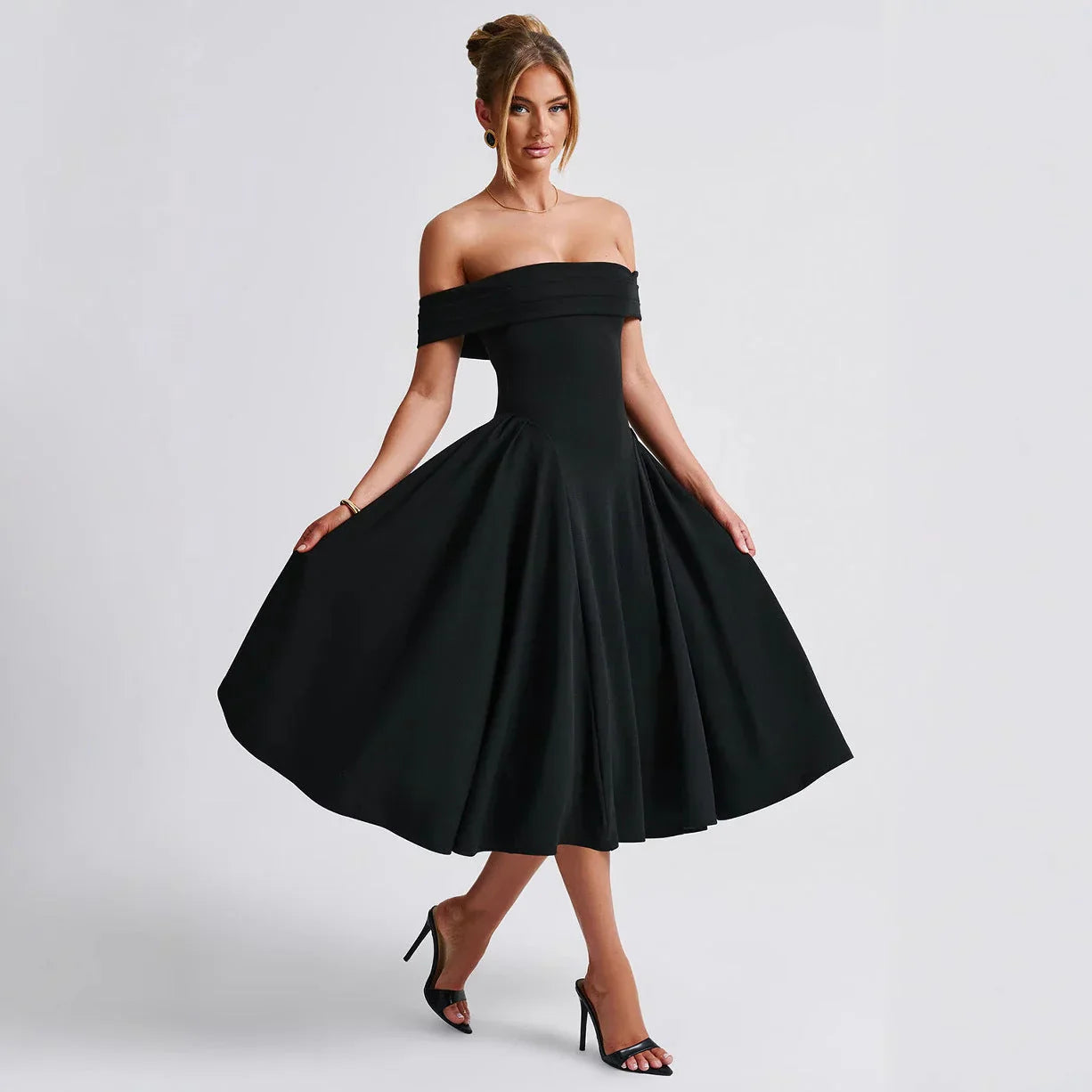 Abito midi da donna – con spalle scoperte – linea ad A, svasato – silhouette elegante e formale