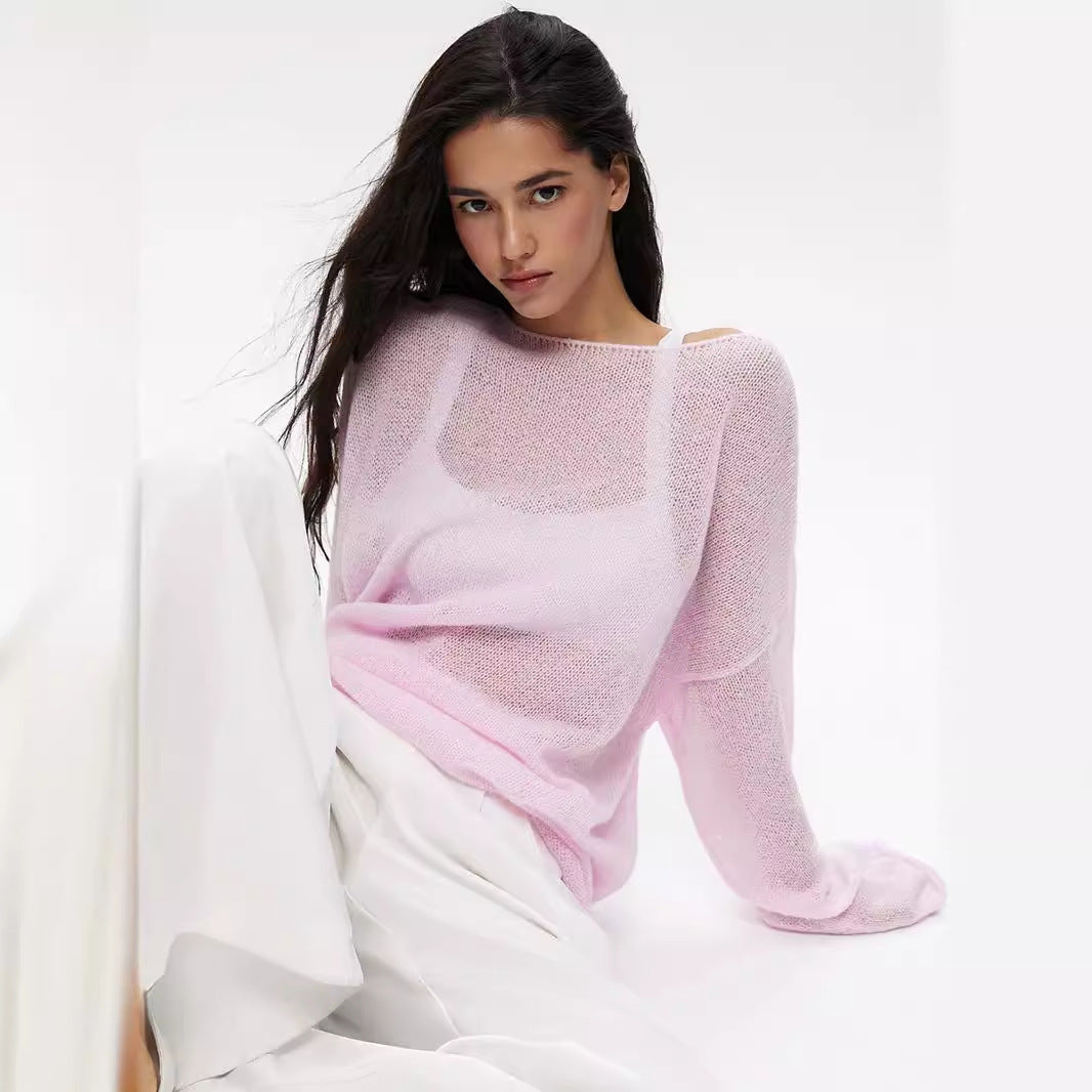 Maglione traforato da donna, leggero con maniche a campana e scollo a U