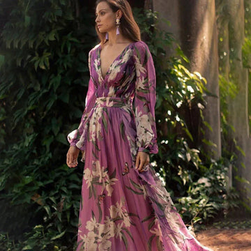 Abito lungo da donna – Stampa floreale – Scollo a V profondo – Maniche lunghe – Elegante e fluido