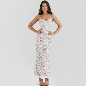 Abito da sera in pizzo da donna – Scollo a cuore – Spalline sottili – Lunghezza intera – Vestibilità elegante
