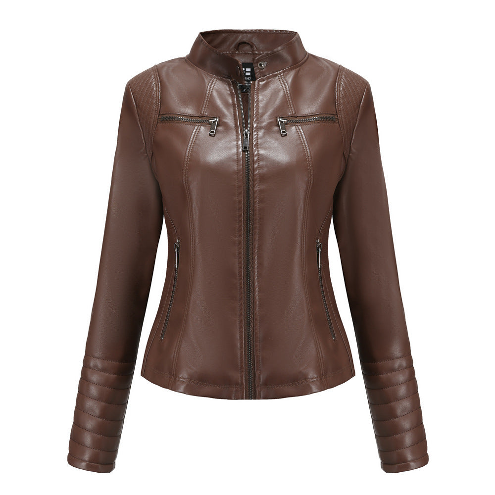 Giacca corta da donna in pelle sottile, stile motociclista chic
