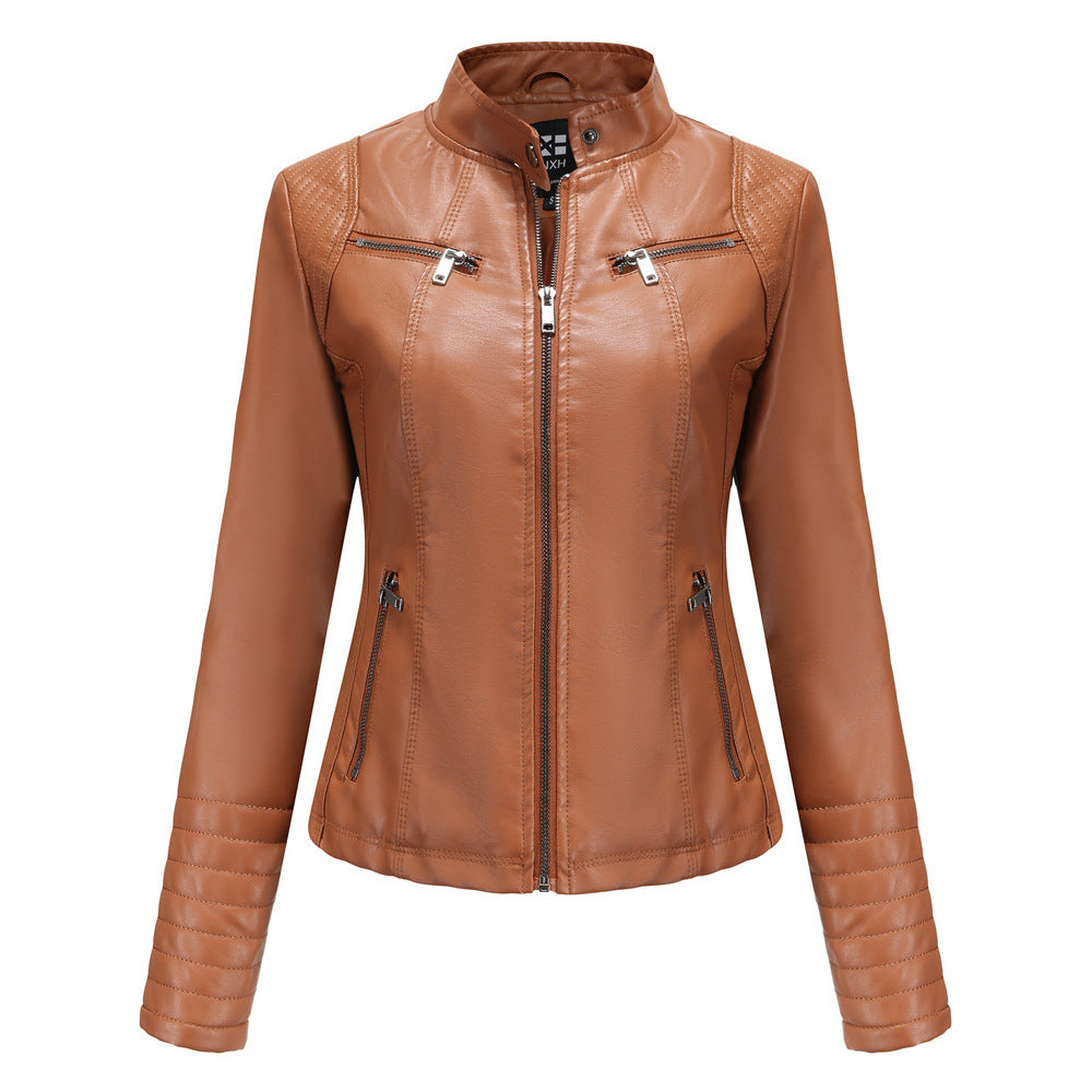 Giacca corta da donna in pelle sottile, stile motociclista chic