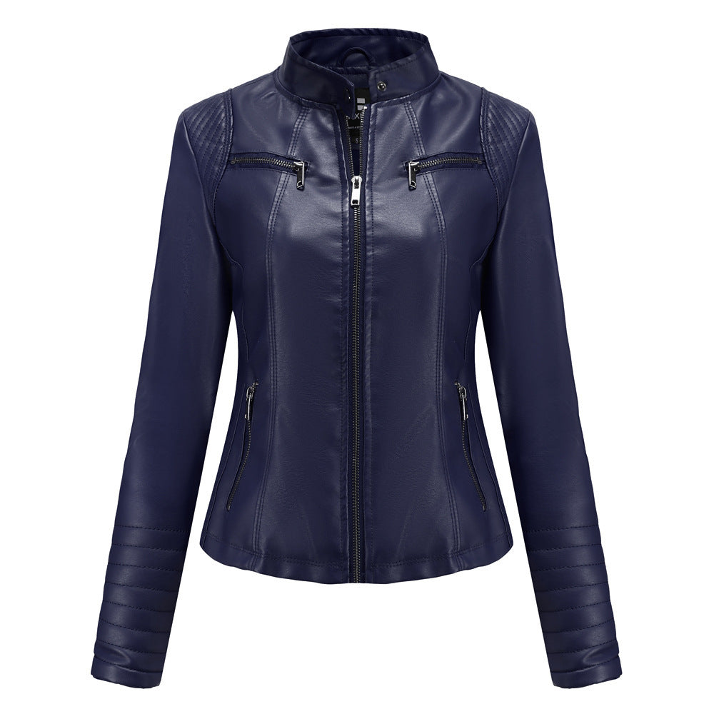 Giacca corta da donna in pelle sottile, stile motociclista chic