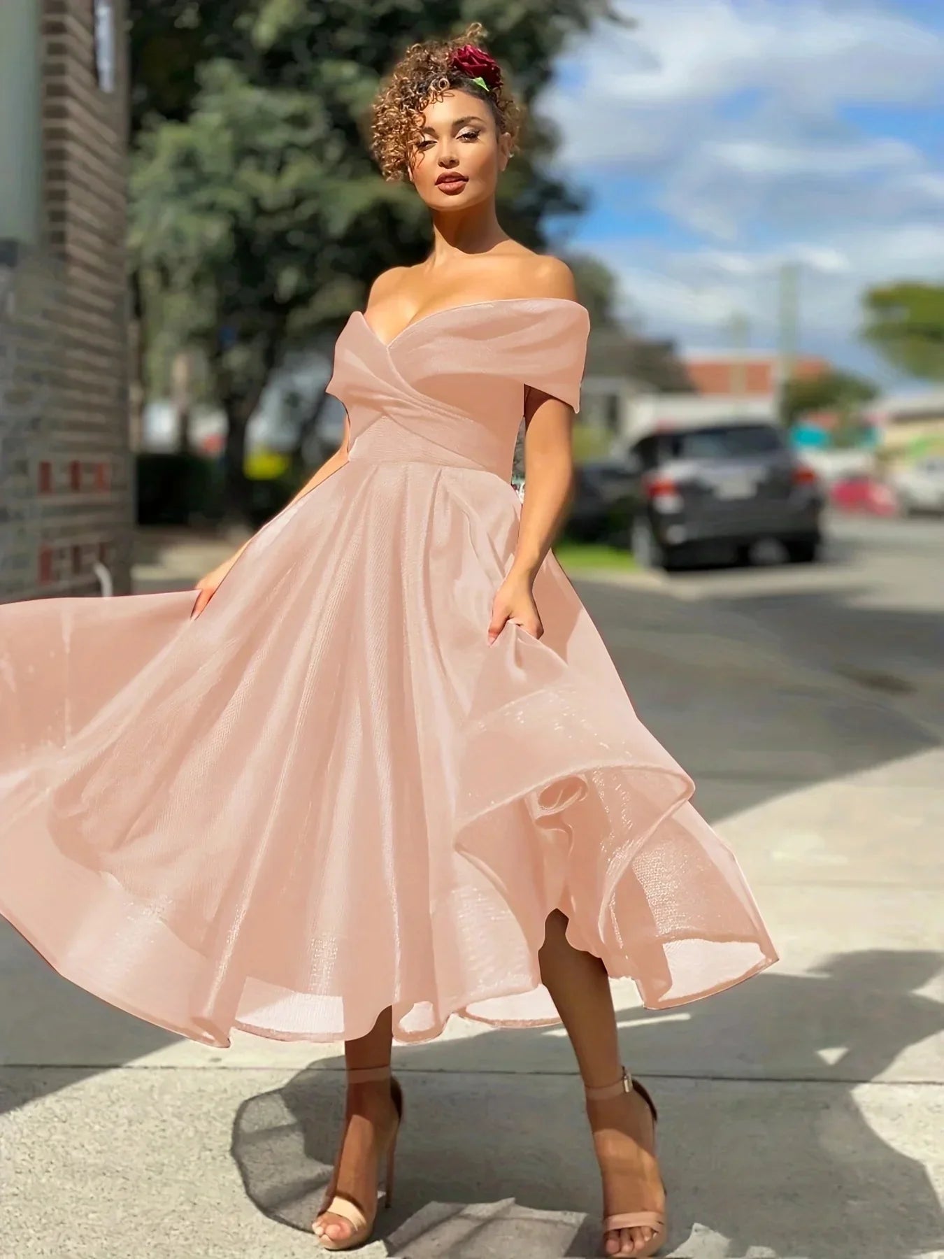 Abito midi da donna con spalle scoperte – Elegante linea ad A – Vita aderente – Per occasioni formali